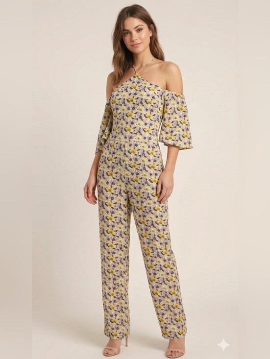 Topshop Pants - Topshop Women's Halter Floral Print Cold Shoulder Wide Leg Jumpsuit Size 6 EUC